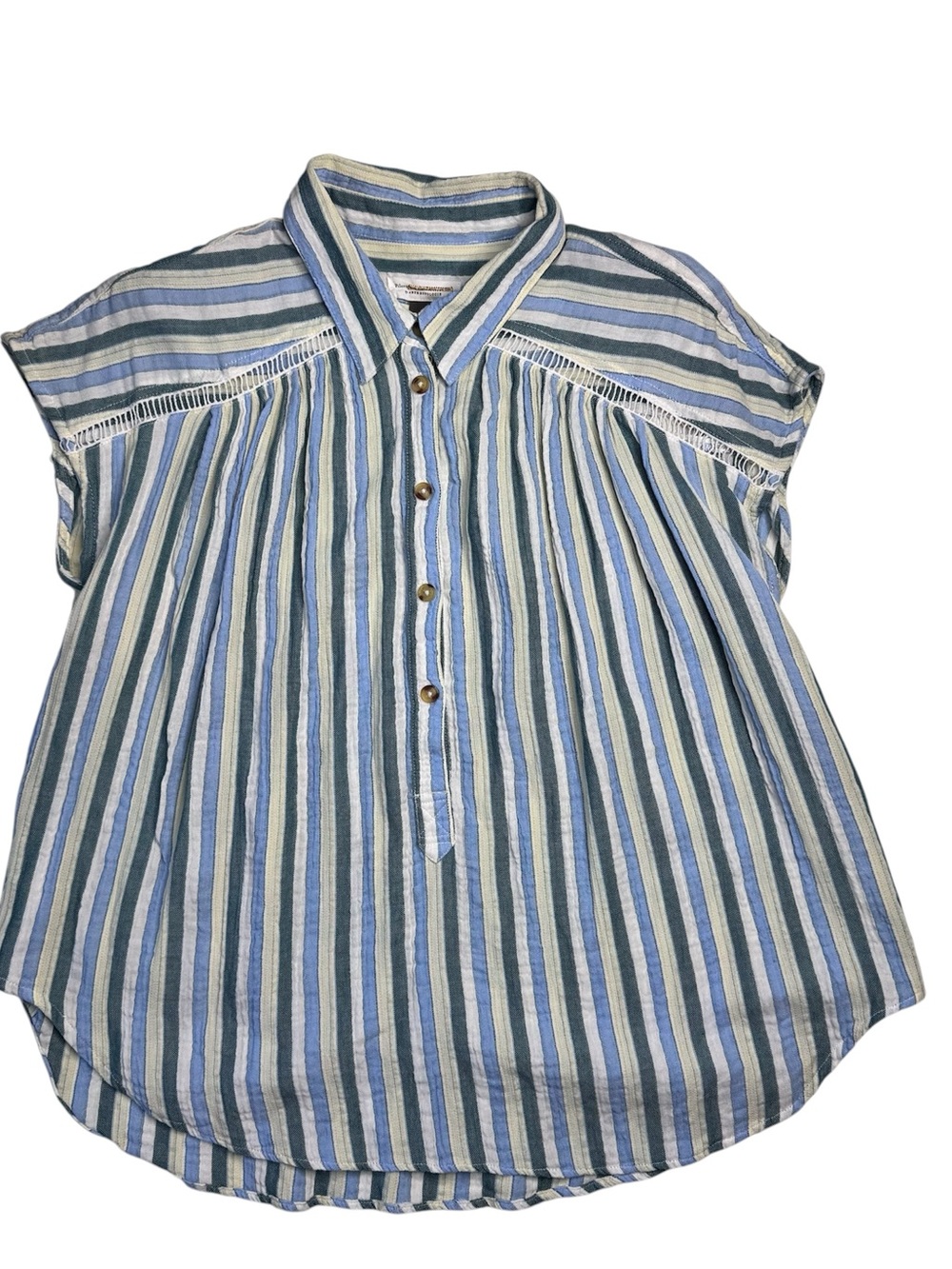 Pilcro Anthropologie Women’s Medium Striped Button Front Blouse Blue Green